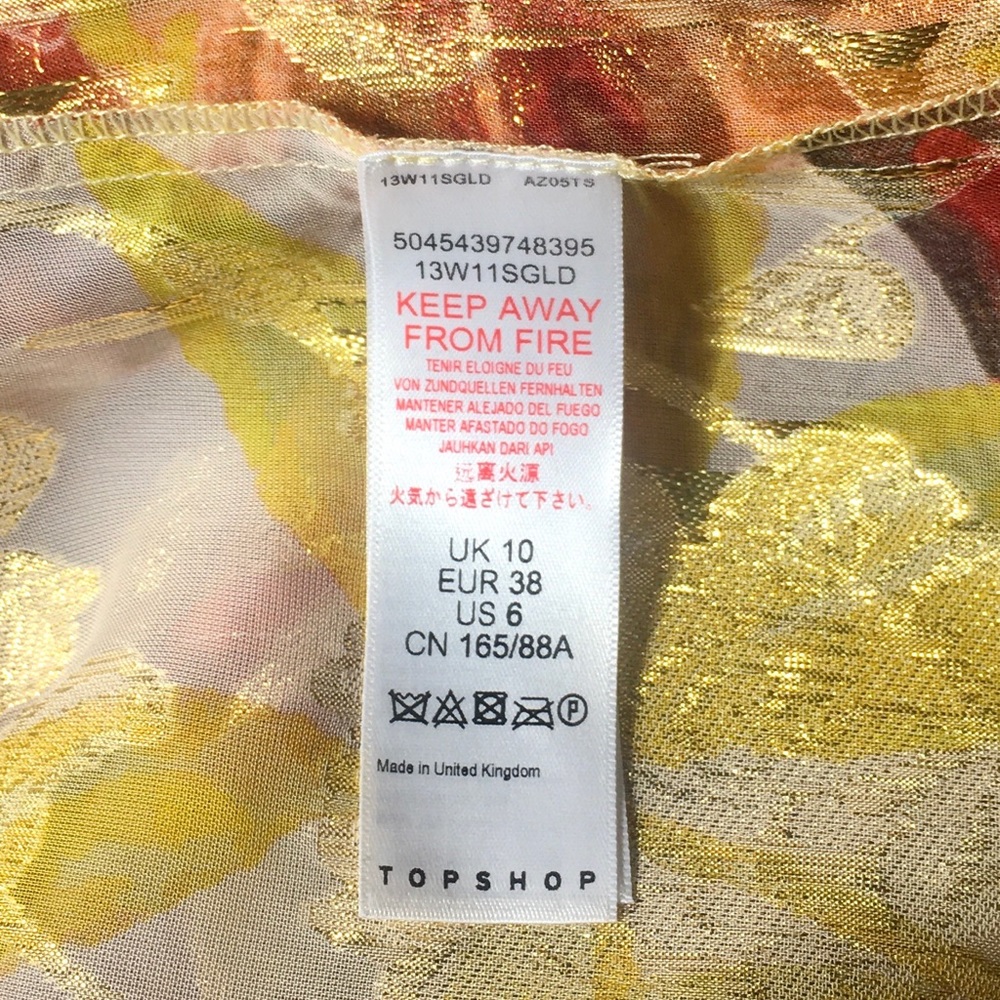 TOPSHOP orange metallic gold sheer short sleeve collared tunic Unique split back - Picture 10 of 14